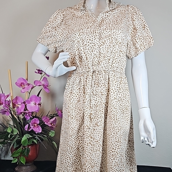 J Crew Cream Brown Sundress with Puff Sleeves and Peter Pan Collar Size 8 - Picture 1 of 7